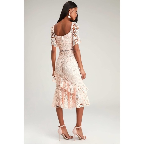 Lulus Briarwood Blush Pink Lace Ruffled Midi Dress M7. - Picture 3 of 16